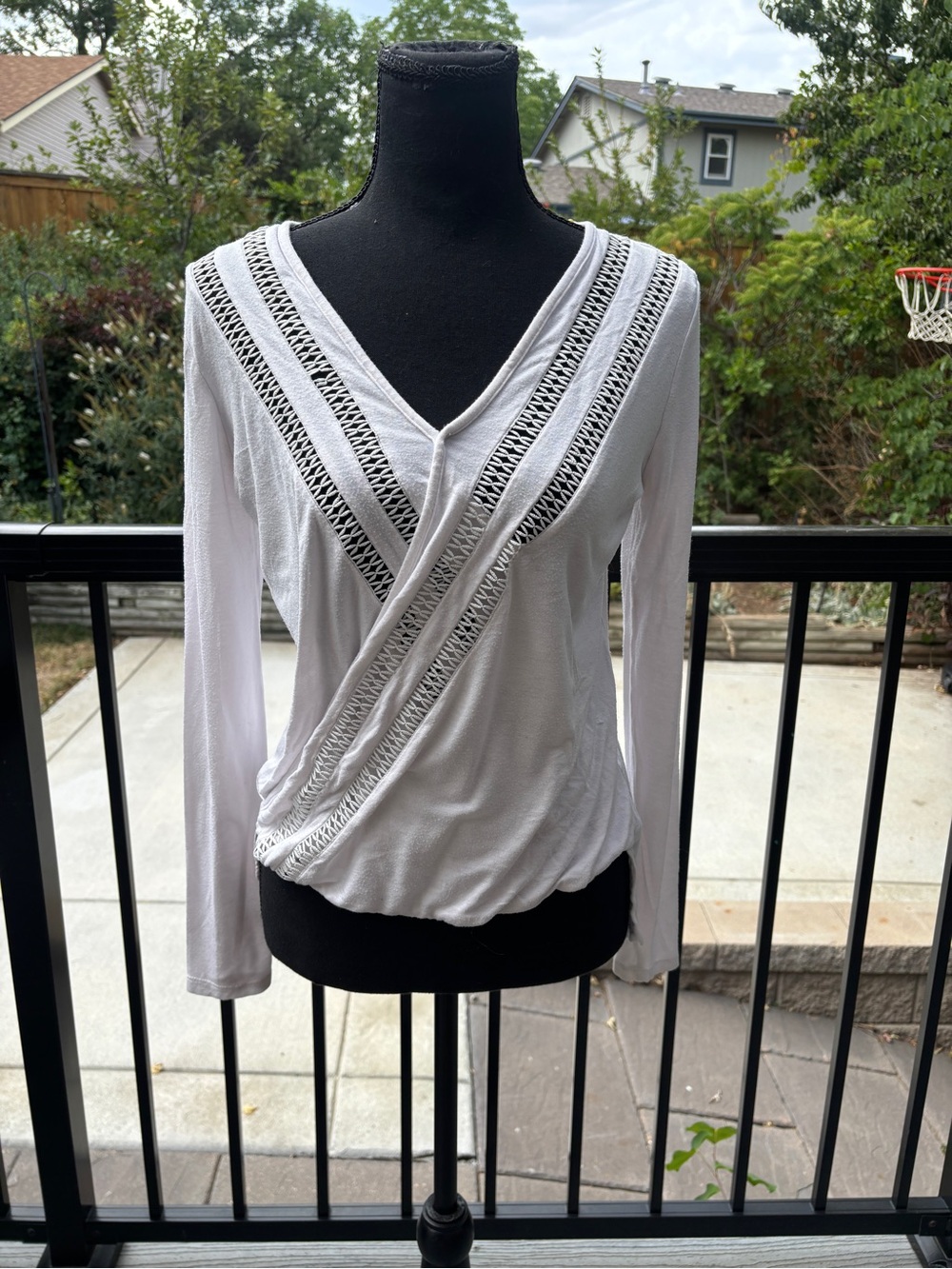 Venus White Long Sleeve V-Neck Lace-Trim Wrap Top